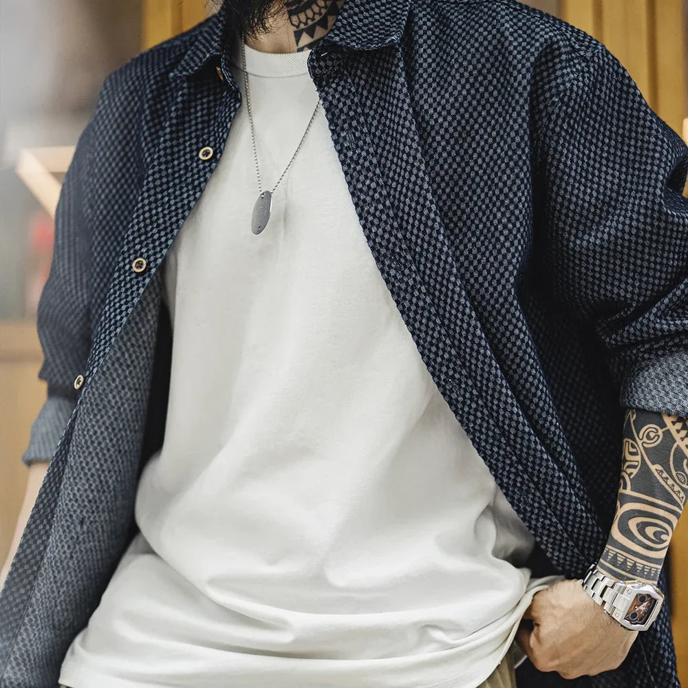 Maden Retro Loose Long-sleeved Denim Shirt Checkered Lapel Single-breasted Jacket for Men Spring and Fall Versatile Outerwear