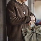 Maden New Vintage Heavyweight Knitted Crew-neck Sweater Brown Warm Pullover Men's Versatile Top for Autumn and Winter Knitwear