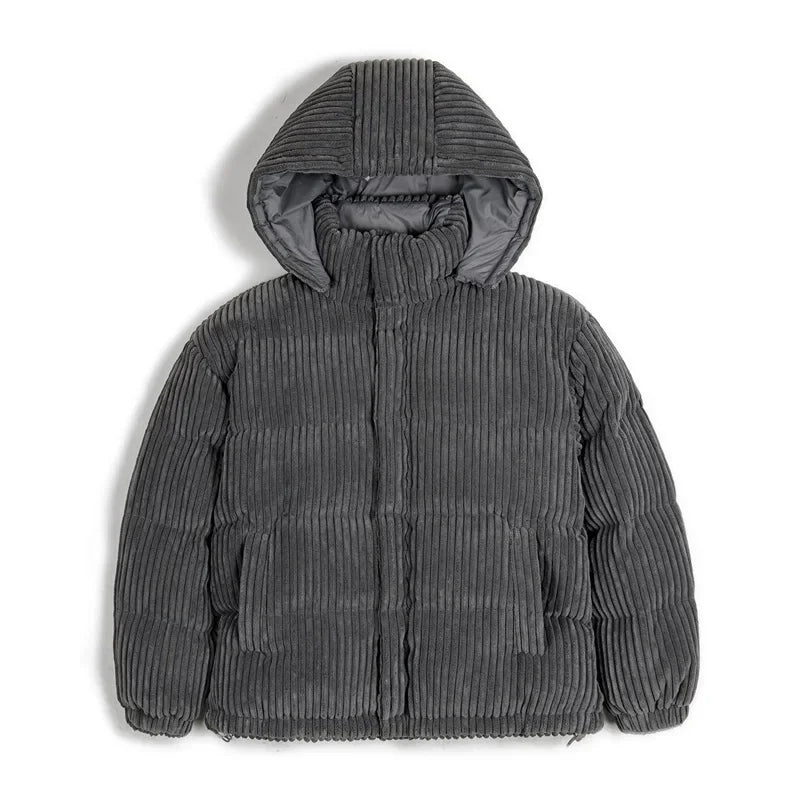 Maden Men's Corduroy Down Jacket Winter Thickened Warm Striped Hooded Coat Vintage Padded Jackets Removable Hood Black Clothing