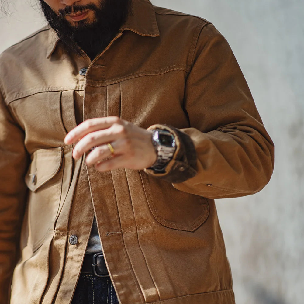 Maden Canvas Rancher Jackets with Collar Back Paris Button Khaki Denim Jacket for Men Vintage Heavyweight Pocket Fall Outerwear