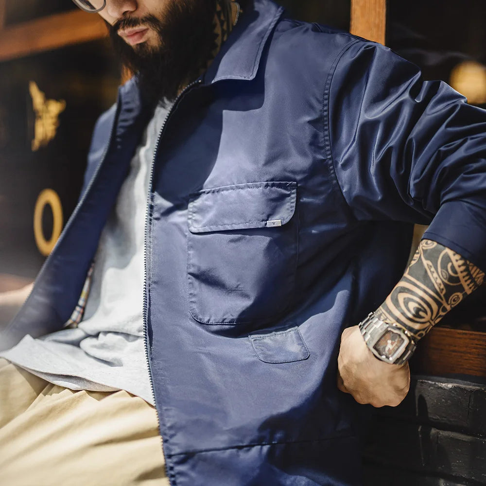 Maden New Vintage Navy Blue Embroidered Letter Jacket Lapel Zipper Casual Outerwear for Men's Autumn and Winter Versatile Coat